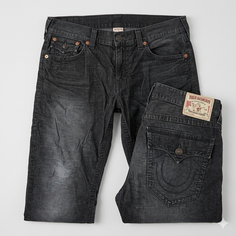True Religion Ricky Straight Jeans 36 Faded Black Gray Flap Pocket Button Fly